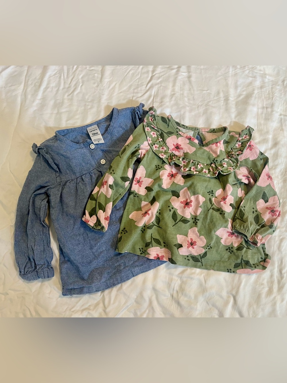 Carter's blouse bundle- Chambray & Green Floral Ruffle Baby Top